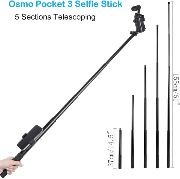 PellKing 155cm/61 Selfie Stick for Osmo Pocket 3 + Protective Cage Extension Adapter Frame, 14.5-61inches extendable Monopod for Osmo Pocket 3 Camera - Image 2