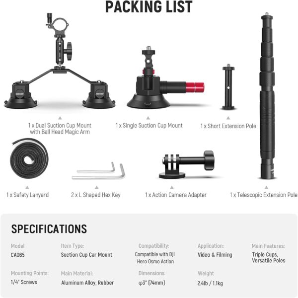 NEEWER Triple Suction Cup Car Mount Kit with 2in1 Extension Pole/Selfie Stick, Quick Release Outside Windshield Magic Arm Camera Mount with Action Camera Adapter Compatible with GoPro Insta360, CA065 - Image 8