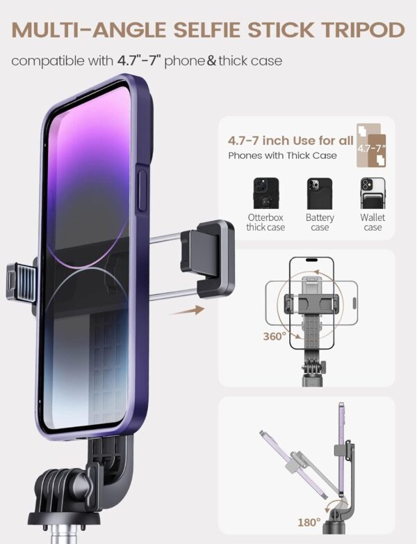 Selfie Stick Phone Tripod with Remote, Portable Extendable Selfie Stick for Cell Phone Wireless Tripod Stand for Cell Phone Compatible with iPhone 16 15 14 13 Pro Max Android Phone - Image 5