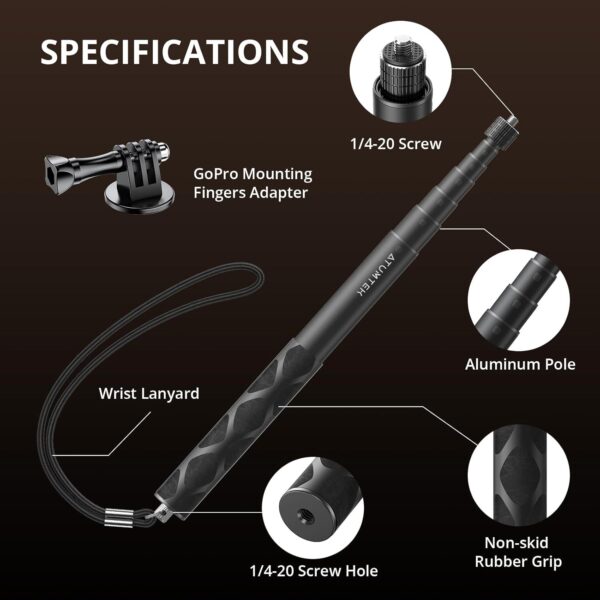 ATUMTEK 114cm Invisible Selfie Stick, 1/4" Extended Monopod Pole, Solid and Compact Design for Insta360, for GoPro, DJI, Action Camera (Buckle Mount for GoPro and Wrist Strap Included) - Image 6