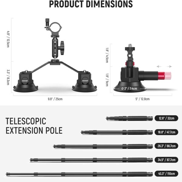 NEEWER Triple Suction Cup Car Mount Kit with 2in1 Extension Pole/Selfie Stick, Quick Release Outside Windshield Magic Arm Camera Mount with Action Camera Adapter Compatible with GoPro Insta360, CA065 - Image 5