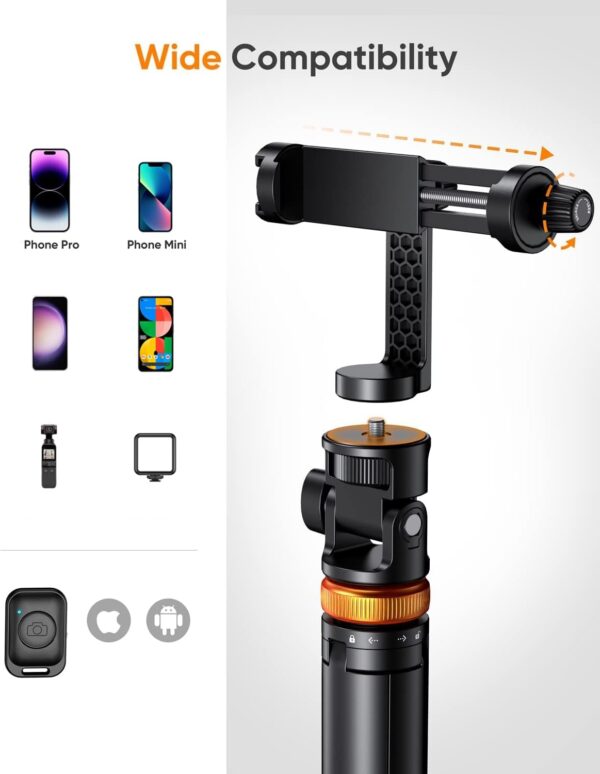 EUCOS 62" Phone Tripod, Tripod for iPhone & Selfie Stick Tripod with Remote, Extendable Phone Tripod Stand & Travel Tripod, Solidest Cell Phone Tripod Compatible with iPhone/Android - Image 4