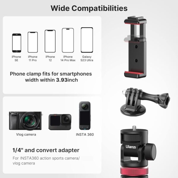 57.48 inch Extendable Selfie Stick Phone Tripod for Action Camera w Smartphone Clamp Extension Pole, for GoPro for Sony Canon Vlogging Cams for iPhone 14 13 Pro Max ULANZI MT-71 - Image 4