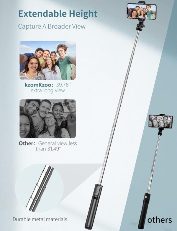 Selfie Stick Tripod with Detachable Wireless Remote, 4 in 1 Extendable Portable Selfie Stick & Phone Tripod Stand Compatible with Gopro, iPhone/Samsung/Huawei - Image 2