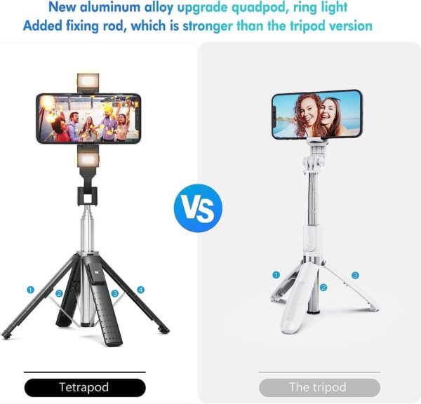 41” Selfie Stick Tripod Quadrapod with 2 Rechargeable Fill Light, Extendable Tripod with Bluetooth Remote, Stainless Steel, 3 Light Modes, 9 Brightness Levels, Compatible for All iPhone & Android - Image 6