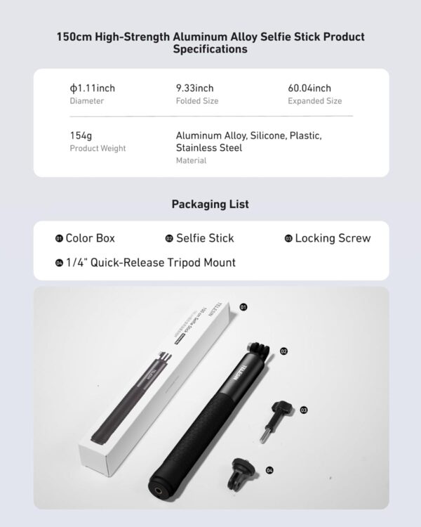 TELESIN 59" Selfie Stick for GoPro, Portable Extendable Vlog Selfie Stick for Go Pro Hero 13 12 11 10 9/Max/DJI OSMO/Insta 360 AKASO Cameras Handheld Selfie Stick Action Camera Accessories for Travel - Image 7