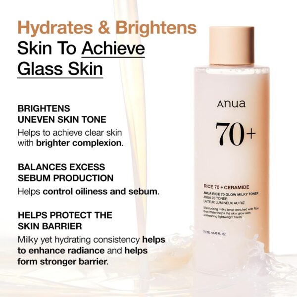 ANUA Rice 70 Glow Milky Toner, for Glass Skin, Rice Water, Niacinamide, Ceramides, Panthenol, Fragrance-Free, Non comedogenic, Fungal Acne Safe, Korean Skin Care, 250ml/8.45fl.oz. - Image 4