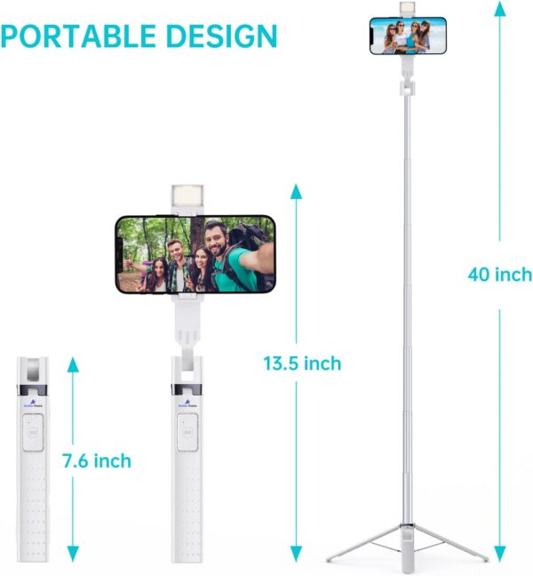 Ambertronix 40” Selfie Stick Tripod Quadrapod, Onboard Light, Wireless Bluetooth Remote, Extendable, Stainless Steel, 3 Light Modes, 9 Brightness Levels, Compatible with All iPhone & Android Devices - Image 9