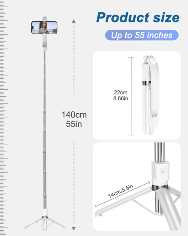 55" Phone Tripod & Selfie Stick,Cell Phone Tripods Stand with Wireless Remote,Phone Holder with Detachable Light, for iPhone 14 13 12 pro Xr X 8Plus 7, Android, Samsung Galaxy S22 S21 and More - Image 2