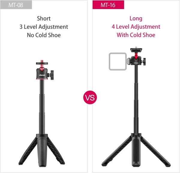MT-16 Extendable Mini Camera Tripod, 4 Levels Adjustment 360° Ball Head Cold Shoe Lightweight Portable Vlog Travel Selfie Stick Handle Grip Desktop Webcam Tripod for DSLR Action Camera - Image 3