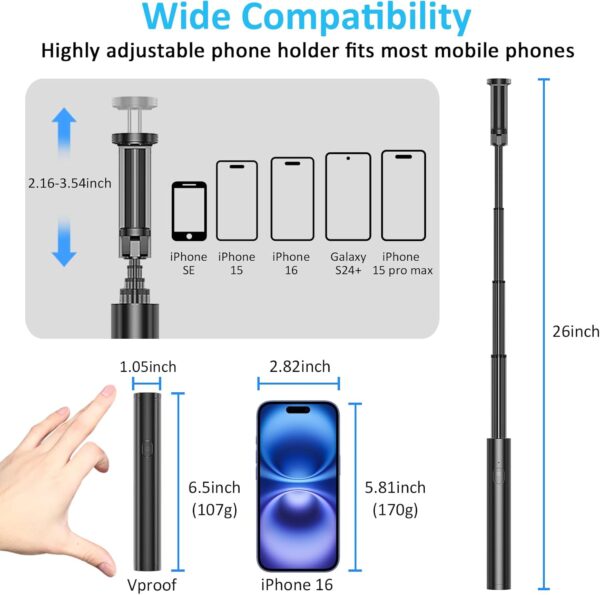 Monopod Selfie Stick Bluetooth, Lightweight Aluminum All in One Extendable Selfie Sticks Compact Design, Compatible with iPhone 15/14 Pro Max/14 Pro/14/14 Plus/13 Pro Max/13 Pro/13, Galaxy S22 - Image 3