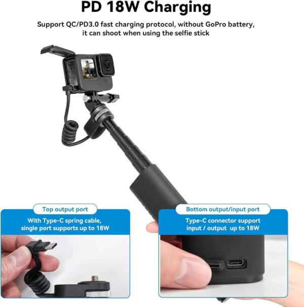 TELESIN Power Grip 35.4" Extension Selfie Stick Handler for Phone GoPro Mirrorless Camera Waterproof Large Capacity Battery Charger Bank for GoPro Hero 13 12 11 10 9 Insta360 DJI Action iPhone Android - Image 4