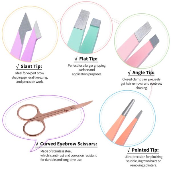 TsMADDTs 6 PCS Tweezers Set for Women, Eyebrow Tweezers with Curved Scissor for Ingrown Hair, Hair Plucking Daily Beauty Tools with Leather Travel Case - Image 3