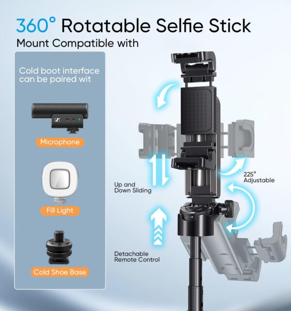 MAGIC JOHN Phone Tripod, Portable Selfie Stick, Pocket Size Selfie Stick for iphone, Selfie Stick with Wireless Detachable Remote Control & 2 Fill Light for Photograph, Live Streaming, Video Recording - Image 5