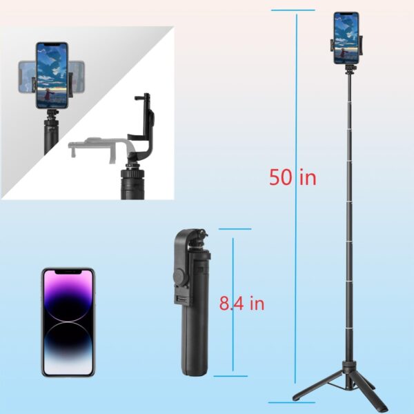 Selfie Stick for iPhone,Phone Tripod with Remote Shutter and Rotate Phone Stand for Video Recording, Lightweight,Portable,Travel Tripod for iPhone/Gopro (Black, 50 inch) - Image 2