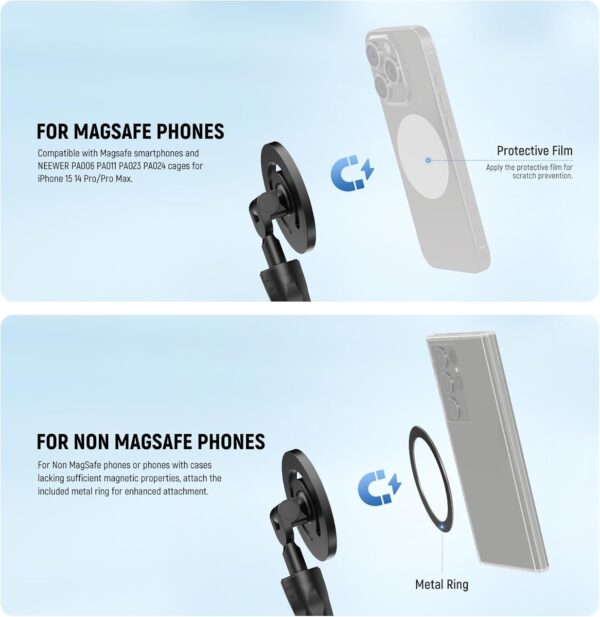 Neewer Magnetic Flexible Phone Holder with 1/4 Screw Adapter, Mini Bendable Tripod Stand Selfie Stick Compatible with MagSafe iPhone Samsung Android Cellphones for Handlebar/Treadmill/Stroller, GP-19 - Image 2