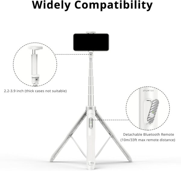 ATUMTEK 51" Selfie Stick Tripod, All in One Extendable Phone Tripod Stand with Bluetooth Remote 360° Rotation for iPhone and Android Phone Selfies, Video Recording, Vlogging, Live Streaming, White - Image 6