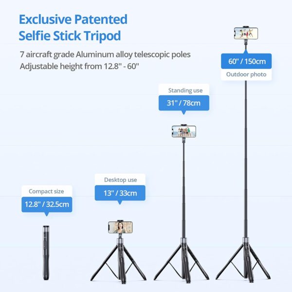 ATUMTEK 60" Selfie Stick Tripod, All in One Extendable Phone Tripod Stand with Bluetooth Remote 360° Rotation for iPhone and Android Phone Selfies, Video Recording, Vlogging, Live Streaming, Black - Image 2