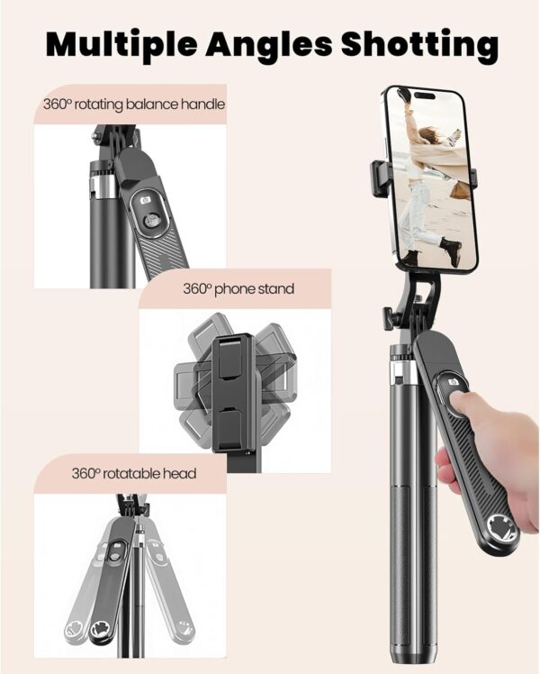 Phone Tripod Selfie Stick with Ground Spike, 71" Portable Outdoor Selfie Stick with Detachable Wireless Remote, Extendable Tall Travel Tripod for Vlogging, Live Streaming, Video Recording - Image 4