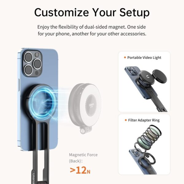 ULANZI MA30 Magnetic Phone Tripod Stand for iPhone - Aluminium Maglock Smartphone Mini Tripod Pocket Cell Phone Stand Dual-Sided Magnet Quick Mount Compatible with iPhone 16 15 14 13 12 Magsafe, Black - Image 3