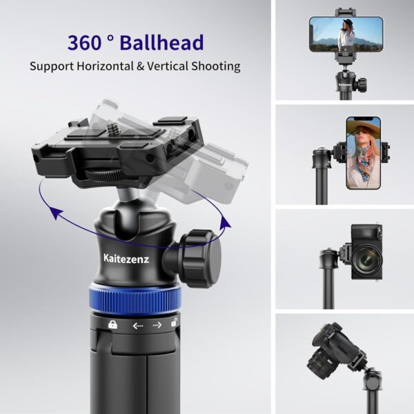 Selfie Stick Tripod with Remote Control, 64" Extendable Vlog Stand with 2-in-1 Phone Clip, 360 Ball Head Camera Tripod for iPhone, Sony, Canon, GoPro, Lightweight for Travel - Image 6
