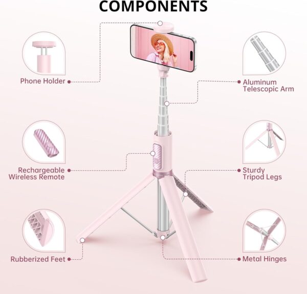 ATUMTEK 55" Selfie Stick Tripod, All-in-one Extendable Aluminum Phone Tripod with Rechargeable Bluetooth Remote for iPhone, Samsung, Google, LG, Sony and More, Fitting 4.7-7 inch Smartphones, Pink - Image 6