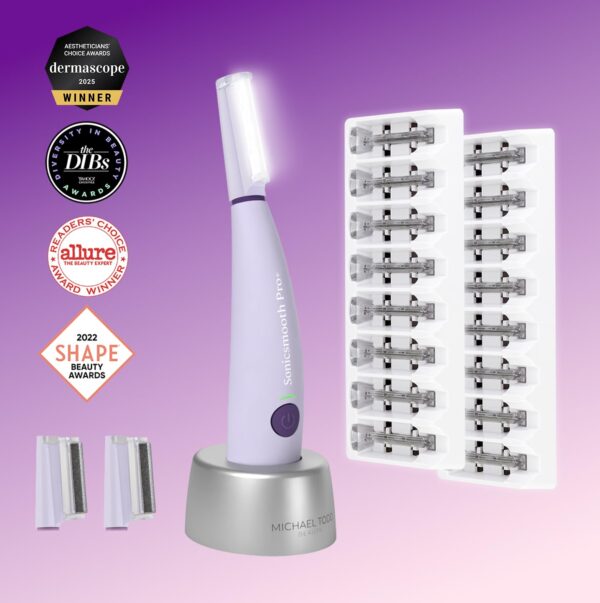 Michael Todd Beauty Sonicsmooth Pro+ Dermaplane Razor for Women Face + Eyebrow trimmer Dermaplaning System w/LED Light Peach Fuzz Remover -16 Dermaplaning Blades & 2 Microsmooth Microdermabrasion Tips - Image 2