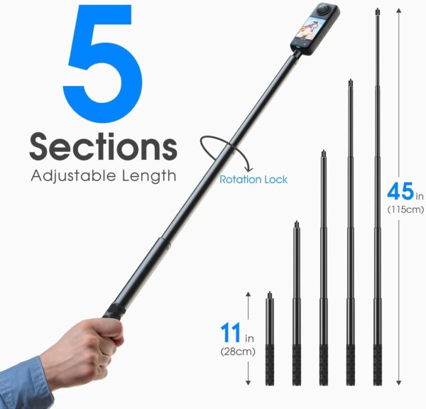 Andoer 45in Invisible Selfie Stick, Compatible with Insta360 X4/X3/GO 3S, Insta360 ONE X2/ONE RS, 1/4" Extended Monopod Pole for GoPro Hero DJI Action and More - Image 8