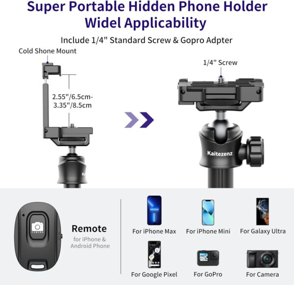 Selfie Stick Tripod with Remote Control, 64" Extendable Vlog Stand with 2-in-1 Phone Clip, 360 Ball Head Camera Tripod for iPhone, Sony, Canon, GoPro, Lightweight for Travel - Image 3