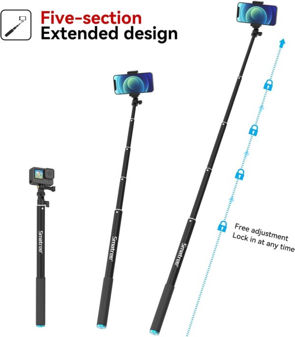 Smatree 86.6 Inch Selfie Telescopic Stick Compatible for GoPro Hero 13/12/11/10/9/8/7,Osmo Action 5 Pro, AKASO EK7000, Insta 360,Extension Pole Compatiable with Compact Cameras and iPhone/Cell Phones - Image 4