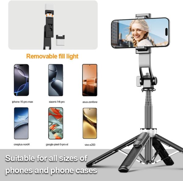 Selfie Stick for Phone Quadpod, 53" Phone Stand, Cell Phone Tripod with Wireless Remote, iPhone Quadpod Stand,Selfie Stick Tripod for iPhone Compatible with All Cell Phones,Camera - Image 6