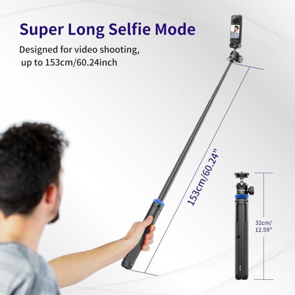 Selfie Stick Tripod for Gopro Camera, 62" Extendable Tripod Stand with 360° Ball Head 1/4" Screw, Portable Lightweight Camera Tripod for GoPro Max Hero 11 10 9 8 7 6 5 DJI OSMO Action Camera - Image 2
