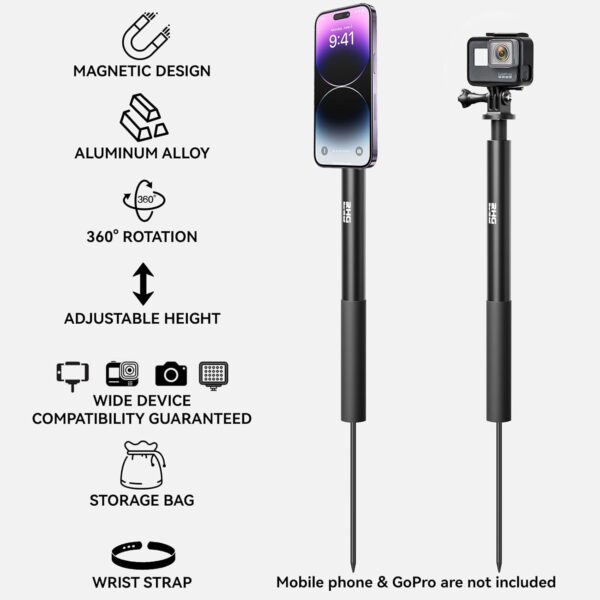 Golf Monopod Stick, Golf Swing Phone Holder, 46" Magnetic Aluminum Alloy Selfie Stick w/Spike Stake Mount, Compatible w/iPhone Camera Magsafe, Adjustable Heigh Tripod, Golf Training Aid - Image 2