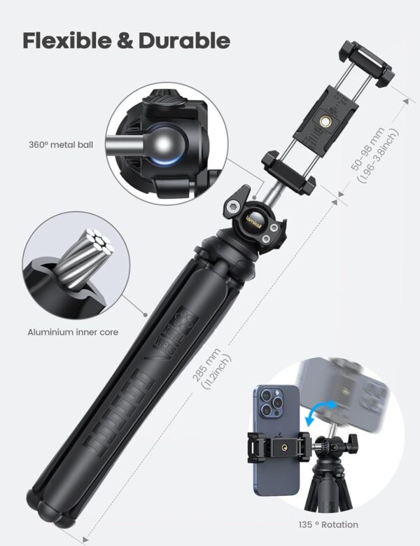 Lamicall Tripod for iPhone - 3 in 1 Flexible Phone Tripod with Wireless Remote - iPhone Tripod Stand for Video Recording Vlogging Selfie Compatible with iPhone Samsung Go Pro, Digital Camera - Image 5