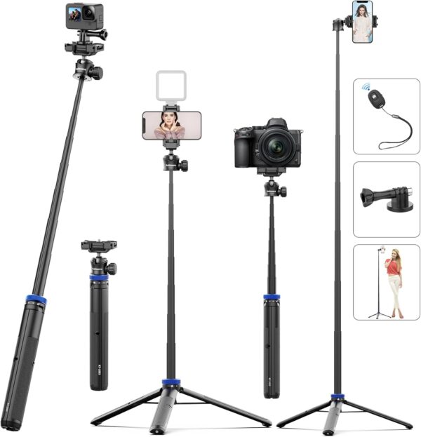 Selfie Stick Tripod with Remote Control, 64" Extendable Vlog Stand with 2-in-1 Phone Clip, 360 Ball Head Camera Tripod for iPhone, Sony, Canon, GoPro, Lightweight for Travel - Image 2