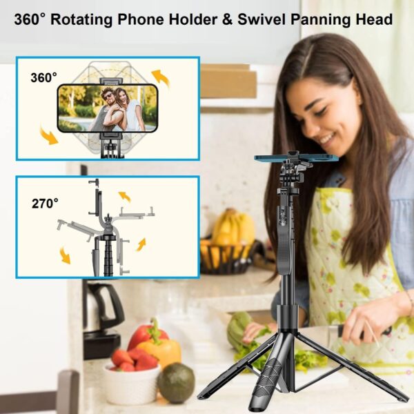 Selfie Stick Phone Tripod for iPhone - 60" Extendable Cellphone Tripod Selfie Stick for iPhone Android Camera 360° Rotating Travel Tripods Stabilizer Phone Stand Holder for Pictures Video Record Vlog - Image 5