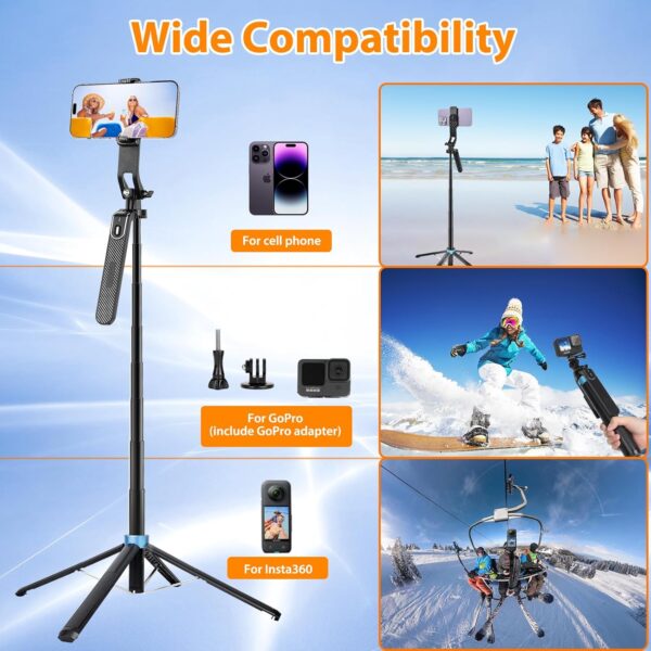 Eocean 71" Tall Selfie Stick Tripod Quadripod with Remote & with 360° Ballhead, Aluminum Alloy Extendable Cell Phone Tripod Stand, Travel Tripod Phone Holder Compatible with iPhone/Android/GoPro - Image 6