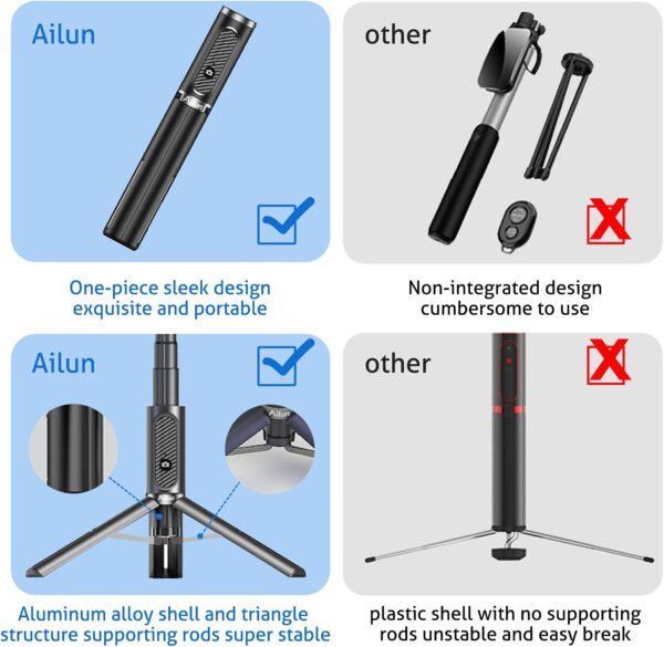 Ailun Selfie Stick Tripod,Extendable Aluminum,3 in 1,Bluetooth Wireless Remote and 360 Rotation Stand for iPhone 16/15/14/13/12/11/11 Pro/XS Max/XS/XR/X/8/7 and More Smartphones - Image 5