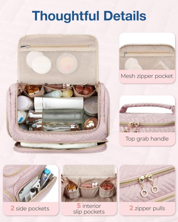 BAGSMART Travel Toiletry Bag, Large Wide-open Makeup Cosmetic Travel Bag for Toiletries with Handle, Pink-L - Image 3