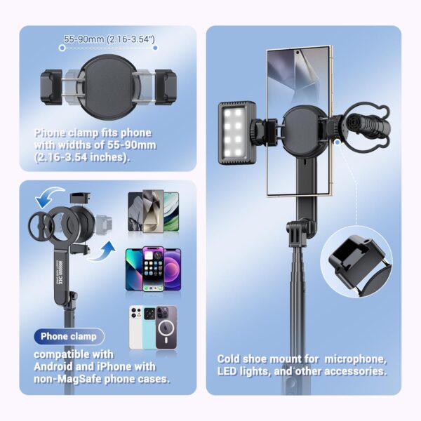 Magnetic Phone Tripod Selfie Stick, 40.9” Extendable Cell Phone Tripod Stand for iPhone 16 15 14 13 12 MagSafe Phone Case with Clamp & Wireless Remote for Selfie Vlogging Video Recording-Black - Image 5
