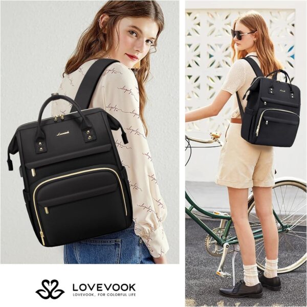 LOVEVOOK Laptop Backpack,15.6 Inch Professional Womens Purse Computer Bag Nurse Teacher Backpack,Waterproof College Work Bags Carry on Travel Back Pack with USB Port,Black - Image 6