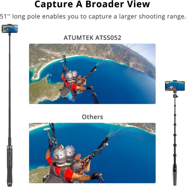 ATUMTEK 51" Selfie Stick Tripod, All in One Extendable Phone Tripod Stand with Bluetooth Remote 360° Rotation for iPhone and Android Phone Selfies, Video Recording, Vlogging, Live Streaming, Black - Image 7