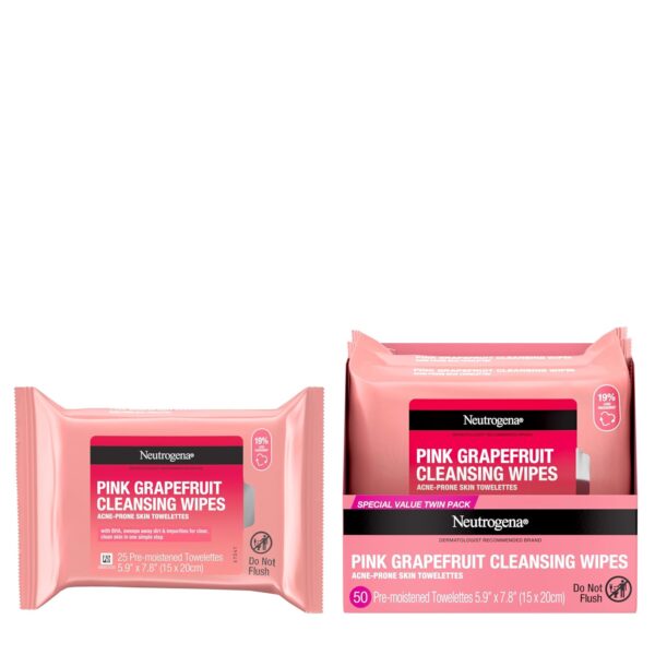 Neutrogena Makeup Remover Wipes, Facial Cleansing Wipes Suitable for Oily & Acne Prone Skin, Wipes Away Bacteria, Dirt & Oil, Scented Facial Wipes with Pink Grapefruit Extract, 50 Count - Image 2