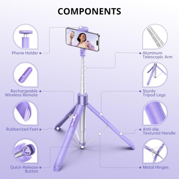 ATUMTEK 60" Selfie Stick Tripod, All-in-One Extendable Phone Tripod with Bluetooth Remote, Storage Bag Included, for iPhone and Android Phone Selfie, Video Recording, Vlogging, Live Streaming, Purple - Image 7