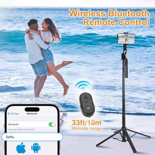 70inch Selfie Stick Phone Tripod with Rechargeable Remote,Portable Extendable 3 in 1 Cell Phone Tripod Stand for Video Recording,Travel Selfie Stick for iPhone and Android - Image 5