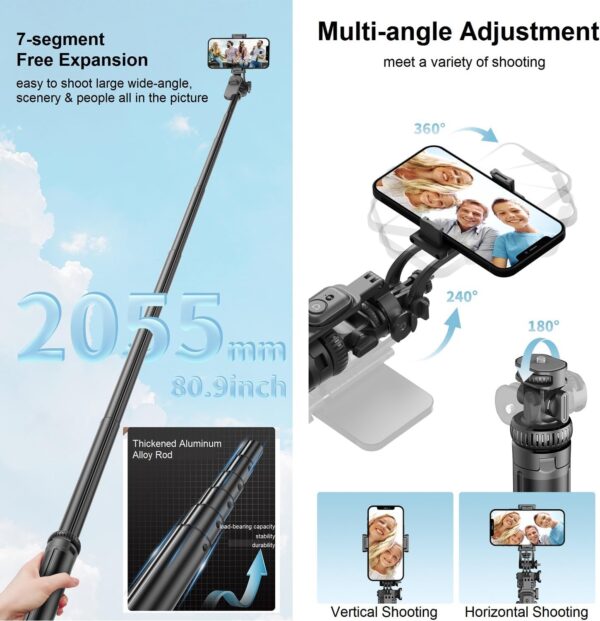 80" Phone Tripod Selfie Stick - Tall Tripod for iPhone with Remote Cellphone Holder Stick for Video Photo Vlog, 360° Rotation Phone Camera Tripods Cold Shoe Mount for iPhone Android - Image 6