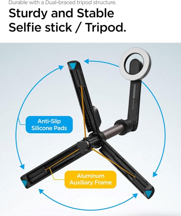Spigen MagSafe Selfie Stick Tripod Stand (MagFit) with Bluetooth Remote Control Shutter 24" Extendable Compatible with MagSafe iPhone 16 15 14 13 12 Pro Max Mini & Android Phones - Black - Image 6