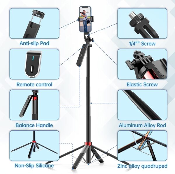 Ulanzi MA09 Selfie Stick Tripod, 71/'' Extendable Phone Tripod with Romote, Portable Cellphone Stand Tripod Quadrapod & iPhone Tripod, 3-in-1 Upgraded Travel Tripod for iPhone/Samsung/Camera/GoPro - Image 6