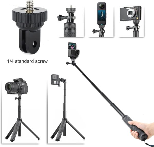 SOONSUN 3in1 Aluminum Waterproof Selfie Stick for GoPro Hero 13 12 11 10 9 8 7 6 5 4, Fusion, Max, Session, Insta360, AKASO, SJCAM, Osmo Action Camera - Extenbale Monopod Pole, Hand Grip, Tripod Stand - Image 6