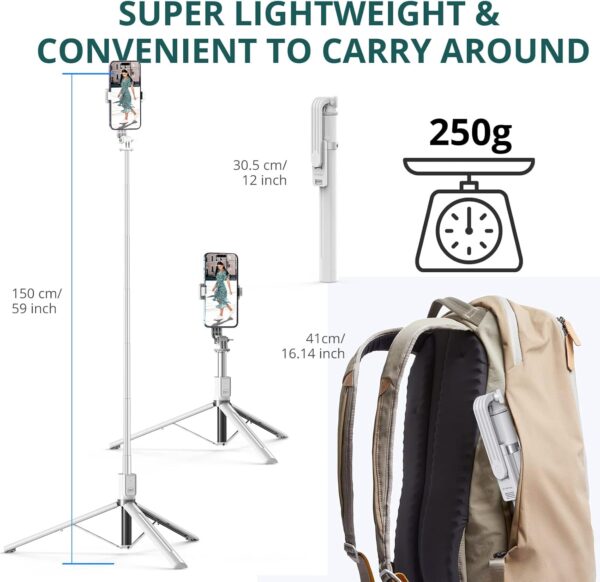 ATUMTEK 59" Selfie Stick Tripod, Stable Tripod Stand with Detachable Bluetooth Remote, Compatible with iPhone 14 Pro Max/14 Plus/14/13/12/11, GoPro, Samsung, LG, Google Smartphones, White - Image 3